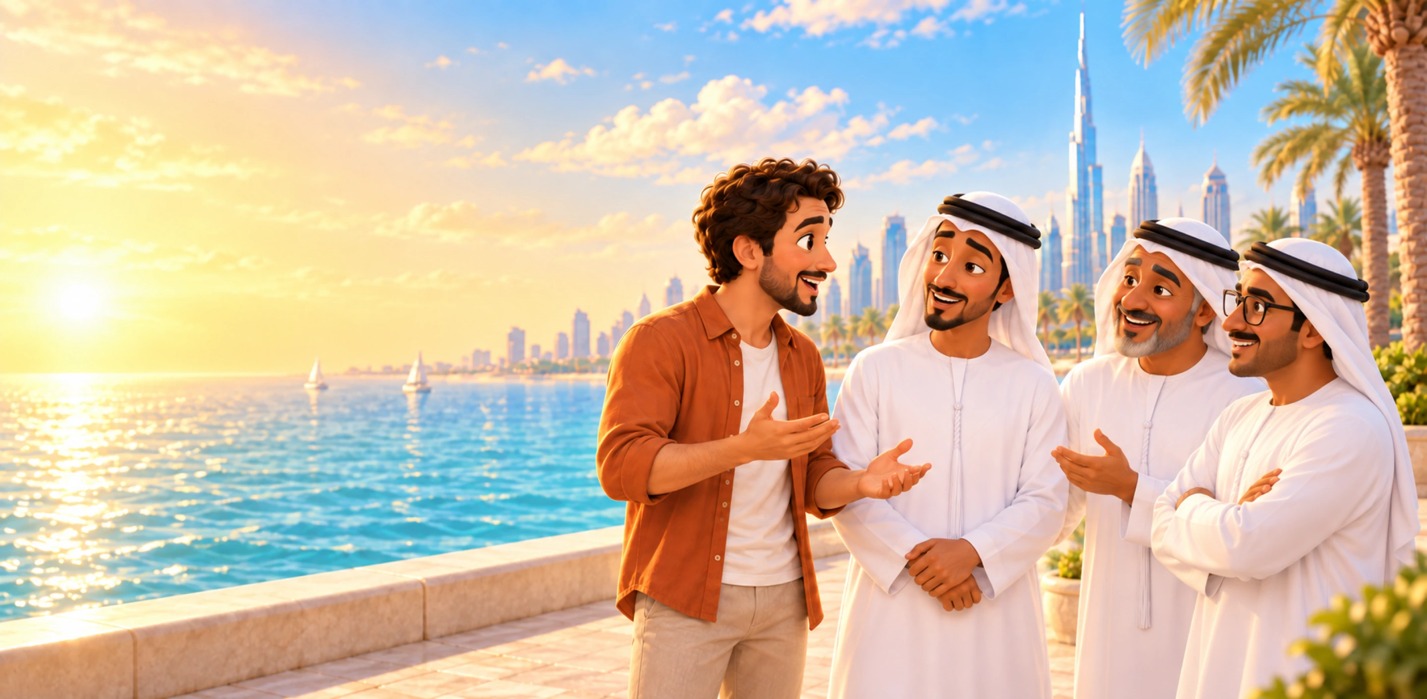 A confident expat chatting with three Emirati friends beside the Dubai waterfront