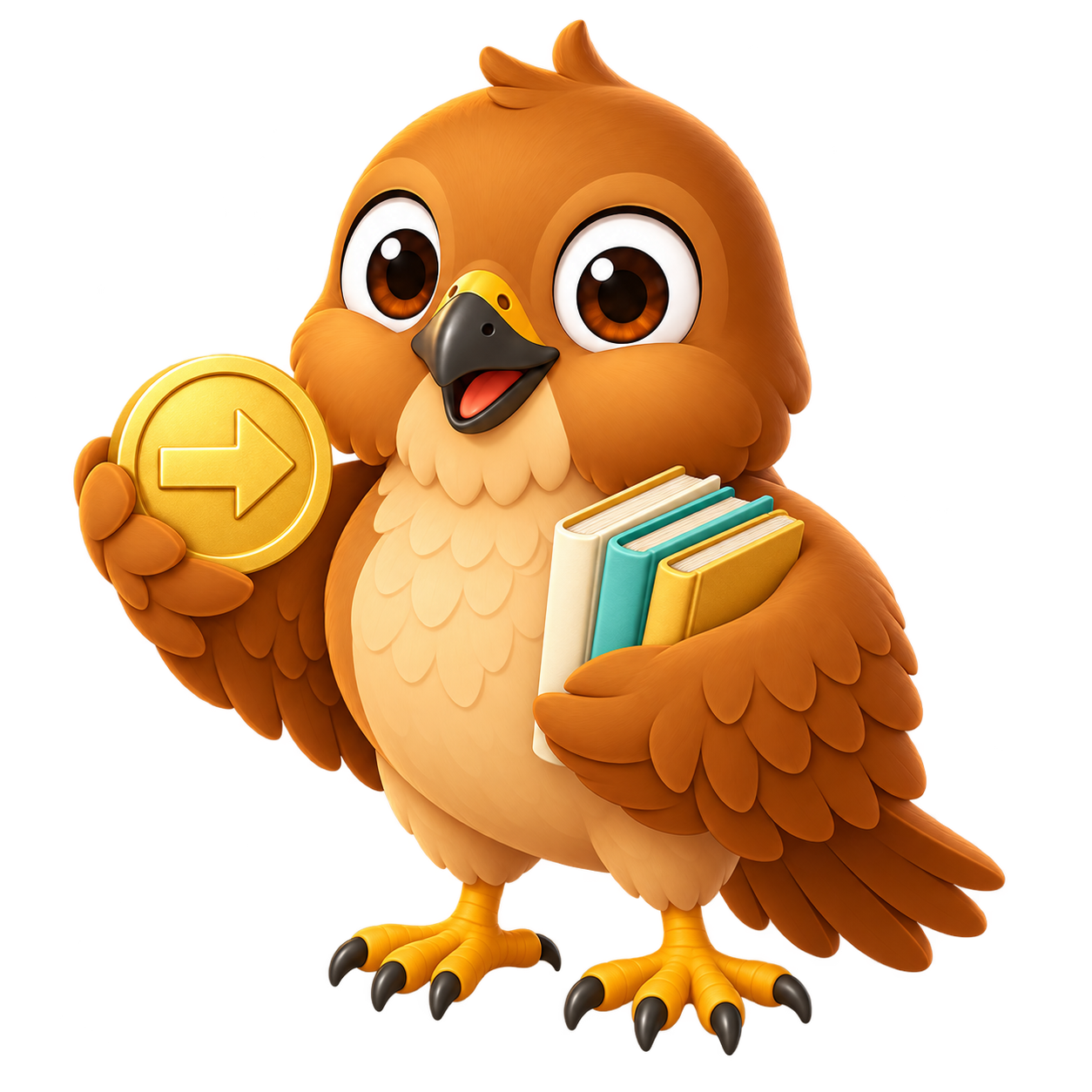 Saqr holding books and a gold arrow coin